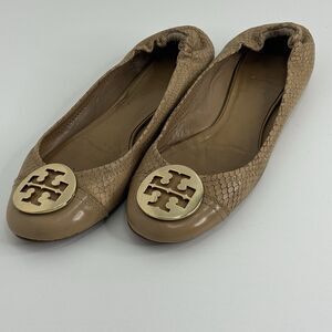 Tory Burch Women's Ballet Flats Size 7 M  Leather Snake Skin Gold Metal Logo